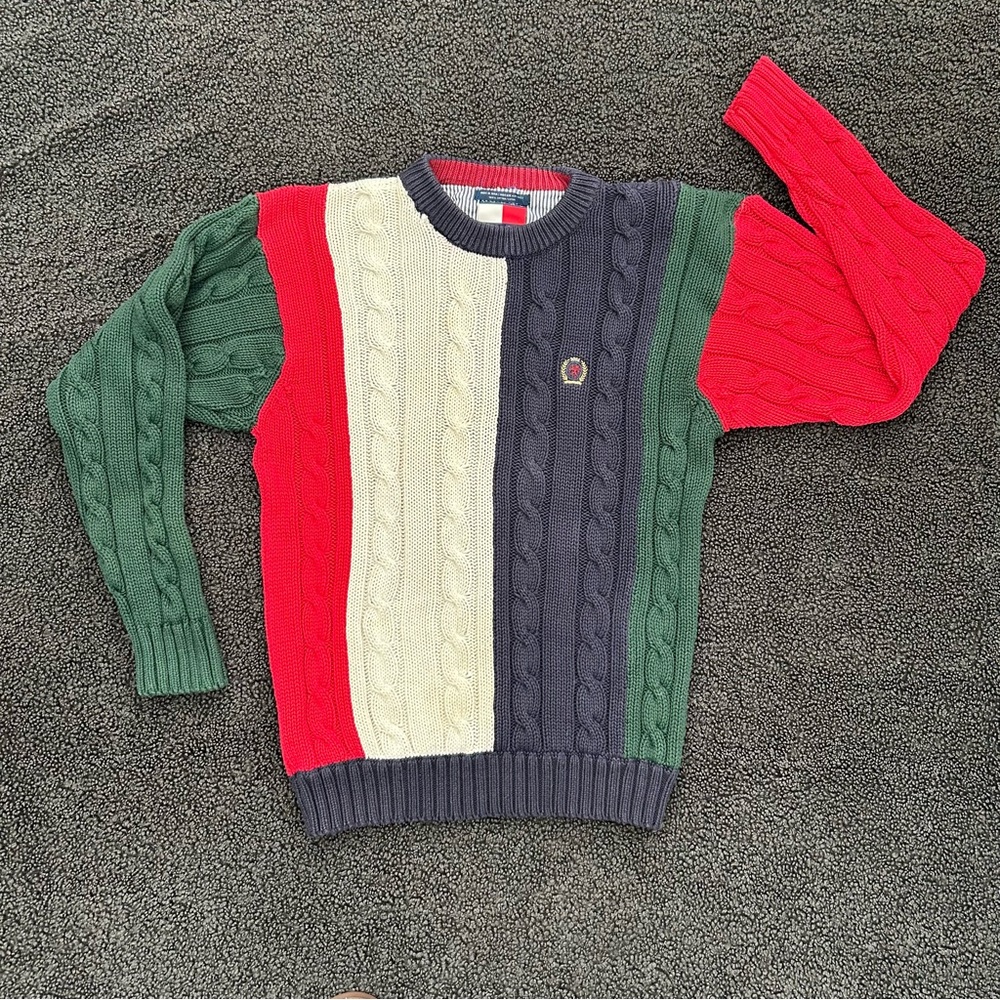 Tommy Hilfiger Vintage Y2K Color Block Cable Knit Sweater Mens Small